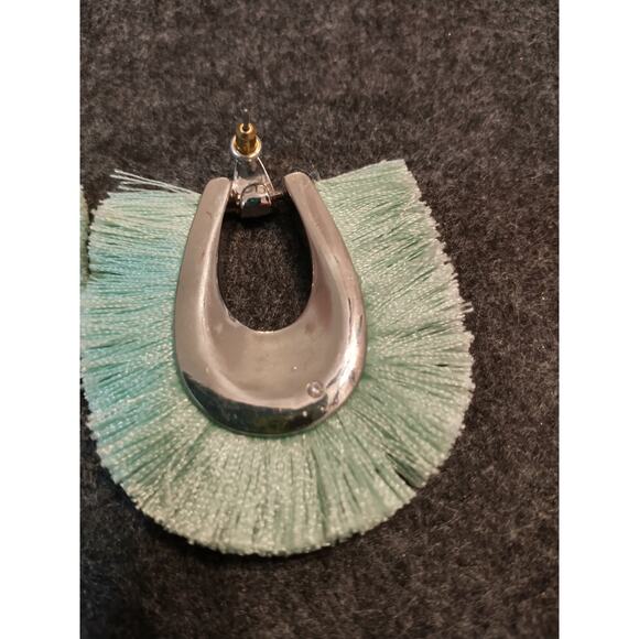 Turquoise Tassel Earring in Silver Tone with Wood Accent Post Backs - Picture 6 of 7